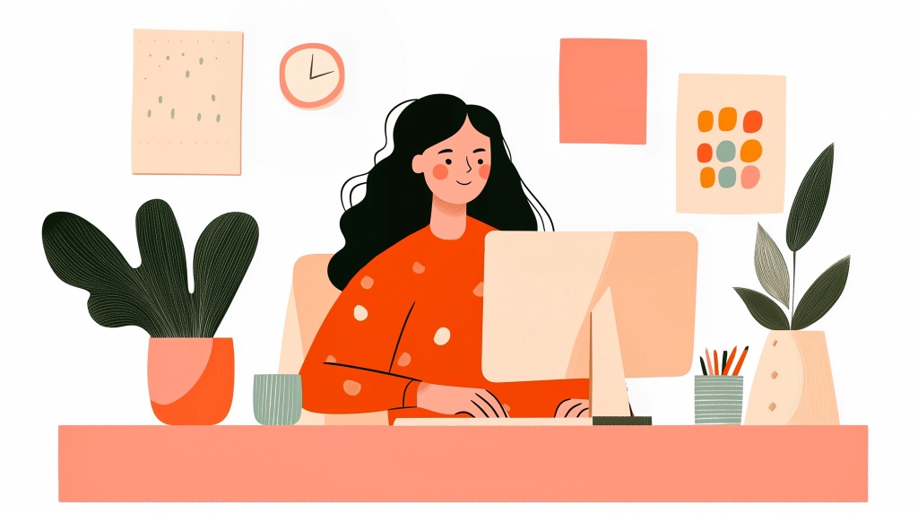 Иллюстрация девушки за компьютером: аналитика моделей атрибуции Иллюстрация девушки за компьютером: аналитика моделей атрибуции